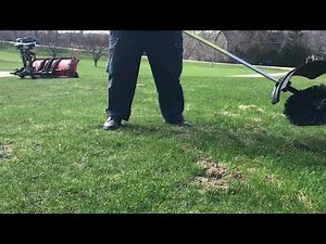 Stihl Kombi power broom on a lawn