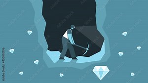 Flat man miner working with mining pickaxe in mine with precious stones. Flat Design Cartoon Character Loop 2d Animation