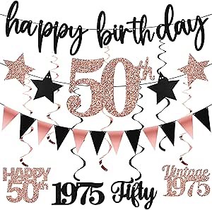 12PCS 50th Birthday Decorations for Women, Rose Gold Vintage 1976 Happy 50th Birthday Banner Triangle Flag Banner Glitter Hanging Swirls Party Supplies, Cheers to 50 Years Old Bday Decor