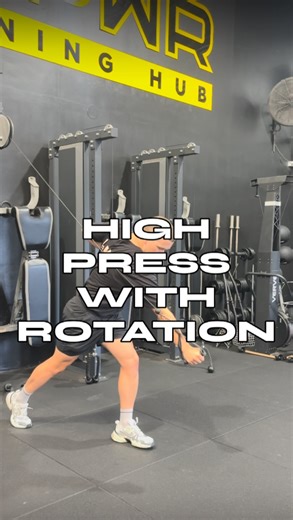 The Golf Fit Physio | Josh Sedgwick on Instagram: "High Press with Rotation👌 Develop pushing strength in a golf-specific stance while training upper-body power through full thoracic rotation. A great option for building strength that actually transfers to the swing. Programming Recommendation: - 3x 15 reps each side - 25kg resistance #fitness #gymworkout #strengthtraining #mobility #workouttips"