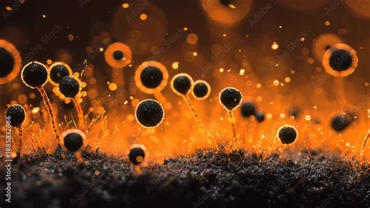 Exploration of fungal growth in warm light with focus on spores and surrounding environment. Mold