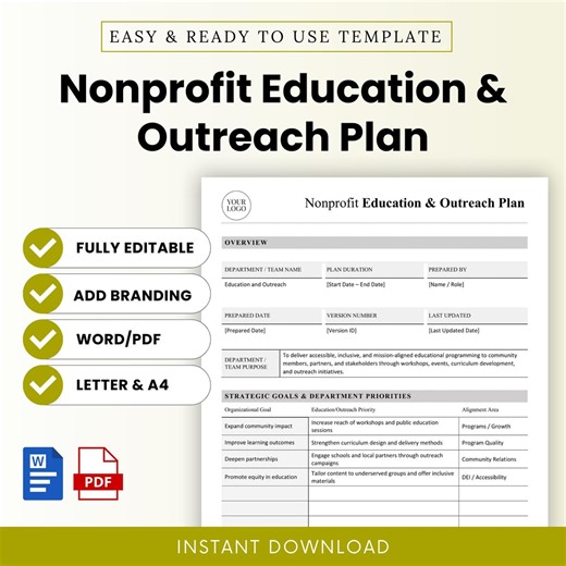 Nonprofit Education and Outreach Plan Template – Word & PDF, A4   US Letter - Etsy