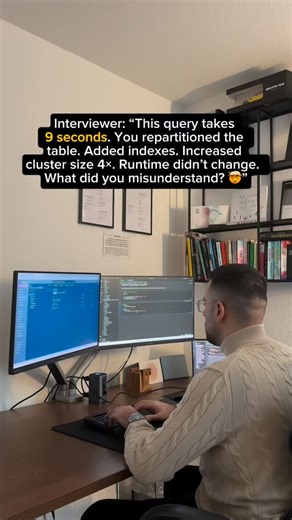 Fatih | Data Engineer on Instagram: "Most candidates focus on the wrong thing. The query didn’t get faster because you focused on the wrong topics. 👇 1️⃣ Same data scanned 👉 Repartitioning and indexes don’t help if the query still reads the same amount of data. 2️⃣ No partition pruning 👉 If the partition key isn’t used in the filter, the engine scans everything anyway. 3️⃣ I/O-bound workload 👉 The runtime is dominated by disk and network I/O. More compute doesn’t change that. 4️⃣ Wrong assum