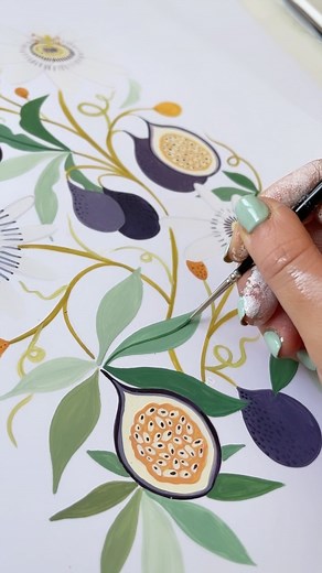 Amber Davenport on Instagram: "Totally in love with this new paint brush! It’s so perfect for these winding vines. It’s the ProArte Prolene Rigger brush in size 0 - not an ad, just love it 😅🌈 I’ve had this design in my head since last summer, so glad I finally managed to paint it! 🌿"