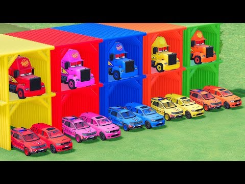 POLICE WITH COLORS - TRANSPORTING ALL POLICE CARS and MCQUEEN FLATBED TRUCKS, DODGE, DACIA - FS22