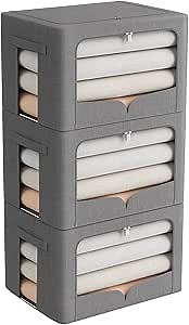 FHSQX 3 Pack Clothes Storage Bins Foldable Metal Frame Storage Box Stackable Linen Fabric Organizer Set with Carrying Handles and Clear Window (Dark Gray, 15.7x11.8x11.8inch(36L))
