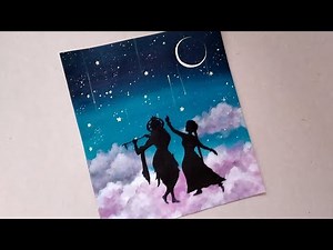 Krishna Janmashtami Drawing(Sponge technique) with Acrylic for beginners|How to draw Radha Krishna|