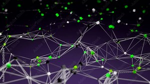 Polygonal chains with moving cubes. Design. Flashing lines in moving chain with cubes. Network moving in waves with 3 cubes in space