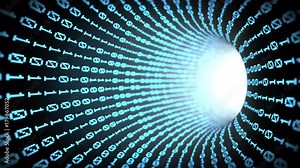 Binary Tunnel Fly Through Blue. view moves through a tunnel covered in binary code numbers changing of ones and zeroes with a blue color