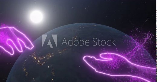 Two hands reach out to each other, moving fingers touch each other against the backdrop of space, the rotating planet earth and the bright sun