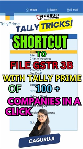 Shortcut to file GSTR-3B with Tally Prime In case you are doing accounting with tally prime then you know that you can file GSTR-3B directly through Tally Prime, but in case you are doing accounting for more then one companies than here in this video a shortcut is suggested to file GSTR-3B in a single click of 100 plus companies, this will save your lots of time Save, Share, Like and follow visit www.cagurujiclasses.com [Tally, Tally Prime, GST, Income Tax, GSTR 3B, GSTR 2, GST returns, GST amen