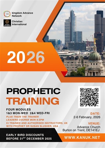Prophetic Training 2-6 February 2026 Four modules available, plus Train the Trainer The Prophetic Training Course, 2-6 February, 2026 offers an intensive one-week program designed to enhance and refine your prophetic skills. Led by CI Authorised Instructors, including Prophet Dr. Susan Slusher, Head of CI Training, USA, this course aims to provide participants with deep insights and hands on experience in the prophetic ministry. Attendees will have the opportunity to learn from seasoned minister