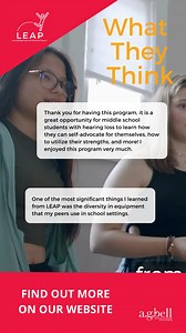 This is why we do what we do! 💙 Our middle-schoolers love LEAP for its focus on self-advocacy, diverse tools, and connecting with peers. Join us and experience this supportive community for middle school students with hearing loss! 🌟 #agbell #LEAP #HearingLoss #SelfAdvocacy #InclusiveEducation | Alexander Graham Bell Association for the Deaf and Hard of Hearing