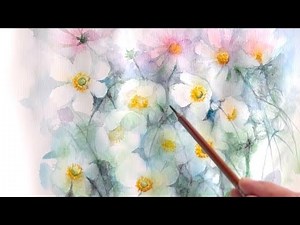 [水彩画]コスモスと秋明菊の花を透明水彩で描く/watercolor /制作過程