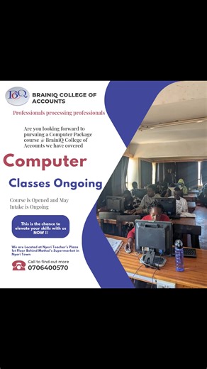 🎓 BrainiQ College of Accounts – Professionals Processing Professionals, Producing Excellence! 💻✨ Are you ready to build your future in the world of technology? At BrainiQ College of Accounts, we are committed to processing professionals who stand out in the competitive digital space. 🚀 Enroll today and pursue a Computer-related course that equips you with practical skills for today’s job market. 📍 Location: Nyeri Teacher’s Plaza, 1st Floor (Behind Mathai’s Supermarket), Nyeri Town 📞 Call/Wh