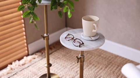 Adjustable-Height Marble Drink Table - 10x10x22-30, White Marble & Antique Brass, Modern Round End Table, Side Table with Pedestal Stand for Small Spaces, Vintage Metal Martini Cocktail Accent