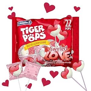 Colombina Swirled Love Tiger Pops, Strawberry and Cream Flavored, Individually Wrapped Lollipops, Perfect for Valentine's Day Gifts, 22 Count (Pack of 1)