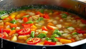 Boiling cauldron simmers hearty vegetable soup recipe