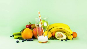 Stopmotion animation video of fruits and vegan protein drink shake