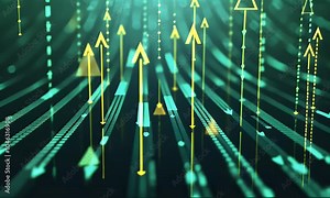 3D rendering of glowing green arrows pointing upwards on a digital background with blue lights and bokeh effects. A conceptual illustration symbolizing growth, progress or business success