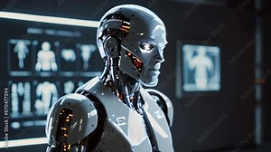 The video is of a humanoid robot with grey and white plating and glowing red eyes. It is in a room with a large screen displaying a human skeleton.
