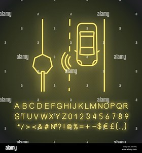 Autonomous car reading road sign neon light icon. Driverless car detecting traffic signs with video camera. Thin line illustration. Glowing sign with Stock Vector Image & Art - Alamy