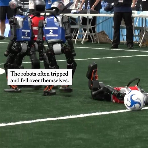 The Humanoid Robot Games in Beijing, featuring running, kickboxing and soccer, highlighted advancements — and limitations — in robotics. https://nyti.ms/4mfoQd6 | The New York Times