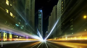 Speeding Through the City at Night: Hyperlapse Drive Through a Bustling Metropolis with Blurred Lights and Skyscrapers. City Lights in Motion