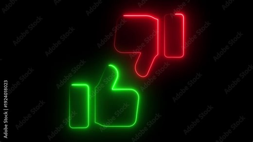 red and blue neon light outlines of the universal "thumbs up" and "thumbs down" symbols, which are commonly used as like and dislike buttons. The icons are presented against a dark background.