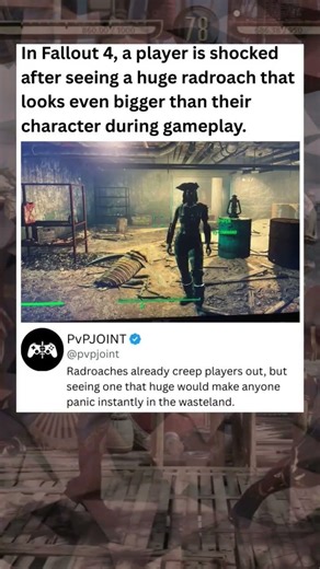 In Fallout 4, a player is shocked after seeing a huge radroach that looks even bigger than #fallout4