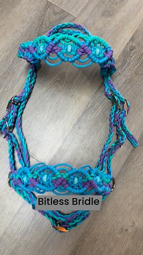 Just finished up this beautiful bitless bridle in green turquoise, neon turquoise, and lilac #bitless #bitlessbridle #gobitless | Tiffanys Braided Tack