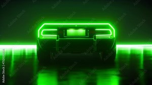 Neon green lights framing the license plate creating a bold and eyecatching contrast against the black background.