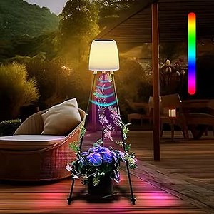 Solar Floor Lamp with Plant Grow Light, Waterproof Solar Lights Outdoor Lantern Warm Light and RGB Color Changing, Outdoor Lamp with ,Metal Flower Holder Lamps for Garden Yard Deck Porch Patio Décor