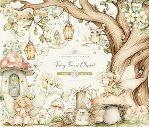 Fairy Forest Clipart: Watercolor Fairies, Mushroom House (digital Download) - Etsy
