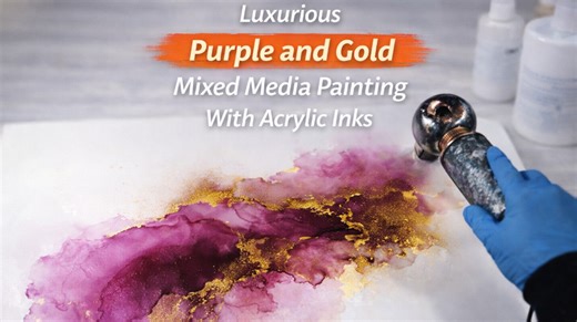 Luxurious purple and gold mixed media painting with acrylic inks