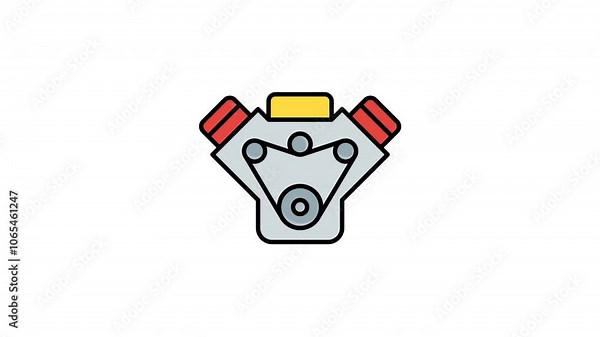 Car engine animation featuring red, yellow, and gray components. Suitable for automotive industry, mechanics, parts catalog, engineering concepts, and technology themes