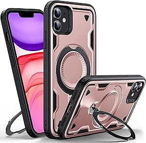 WYUIC Designed for iPhone 11 Magnetic Case, Compatible with Magsafe, 10ft Drop Test Hard Rugged, 360 Rotating Ring Kickstand Heavy Duty Shockproof Protection Phone Case iPhone 11 Cover, Rose Gold