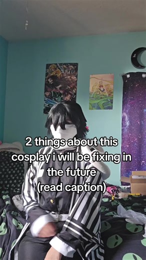 first the wig im gonna try to cut the bangs and fix it before sunday but idk if ill have time and tbh I might get a new wig this one was incredibly hard to work with styling wise so its very bad 🫠 second ill be buying a new robe this one came shorter than the rest of it and his robe should be able to cover his hands so I will be getting a new one in the future #obanaiiguro #obanaicosplay #obanaiigurocosplay #demonslayer #demonslayercosplay