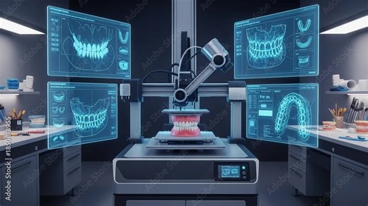 Precision in Dentistry: Innovative dental technology showcased within a sleek laboratory setting. This image showcases the future of dental work and the advancements in the field.