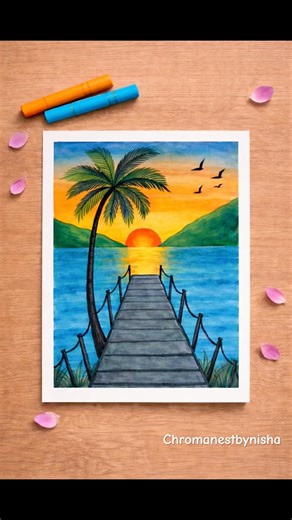 🌴 Simple & Beautiful Scenery Drawing | Oil Pastel Sunset Art #drawing #art #painting