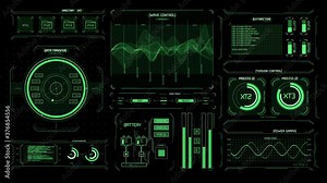 Futuristic user interface HUD. Game control target element. Technological neon digital background. Future radar screen. Blinking and switching indicators and statuses showing work of command center,pr