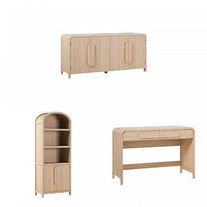 Walker Edison Furniture Company 64 in. Sideboard, 76 in. Bookcase and 45 in. Desk with Waterfall Edges and Statement Pulls - The Home Depot