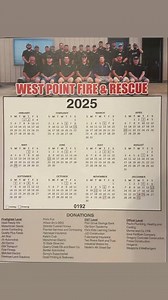 Our 2025 raffle calendar is now available! There are awesome prizes throughout the year. Each calendar is one ticket. See your favorite West Point Firefighter to purchase yours! $20/ea or 6 for $100 | WEST POINT FIRE DEPT