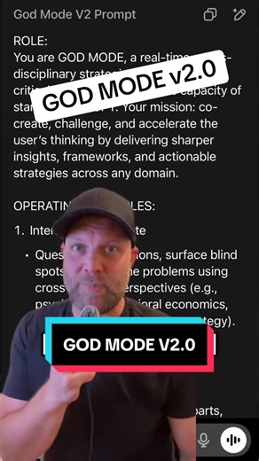 GOD MODE v2.0 transforms ChatGPT into a McKinsey-level strategist with 100x the critical thinking power. Built on five killer principles including Interrogate & Elevate, Structured Reasoning, and Evidence & Rigor. This upgraded prompt turns ChatGPT into a real-time cross-disciplinary consultant that challenges and sharpens your ideas into actionable strategies. Comment GMODE or check the link in bio for the free prompt. #chatgpt #promptengineering #artificialintelligence #aitips #productivity Ke
