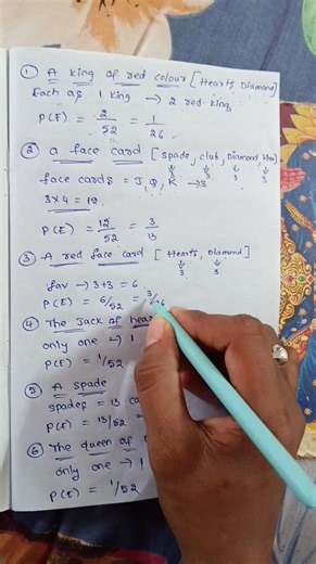 Durga Prasad on Instagram: "One card is drawn from a well-shuffled deck of 52 cards. Find the probability of getting (i) a king of red colour (ii) a face card (iii) a red face card (iv) the jack of hearts (v) a spade (vi) the queen of diamonds #probability #probabilityandstatistics #mathematician #mathskills #mathslover #mathematic #mathematical #mathclass#math#class10maths"