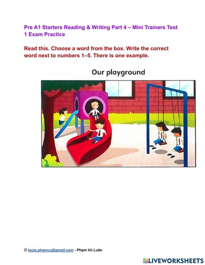 Pre A1 Starters Reading & Writing Part 4 – Mini Trainers Test 1 Exam Practice worksheet