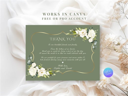 Editable Sage Green Floral Wedding Thank You Card – Canva Template - Etsy