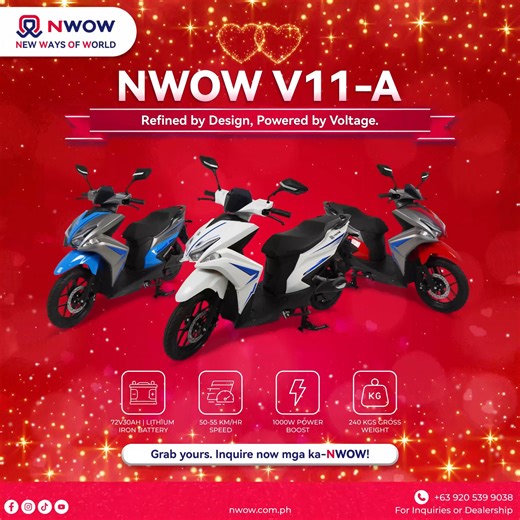 Meet the NWOW V11-A — your everyday e-bike partner built for comfort, style, and reliable performance. 🔋 Long-lasting 72V 30AH Lithium Iron Battery ⚡ Strong 1000W motor for easy rides 🏍 Up to 50–55 km/h top speed 💪 Carries up to 240 kg Perfect for daily commute, errands, or weekend rides — tipid sa gas, tipid sa maintenance! Ready na ba mag-ride? Inquire now and experience the NWOW difference! 🚲 📩 Contact us through our customer support hotline: 0969-580-8089 / 0969-580-8090 💼Partner with 