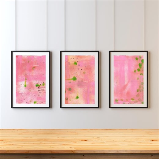 Abstract Watercolour Triptych, Pink Green Wall Art, Handmade A4 Painting - Etsy