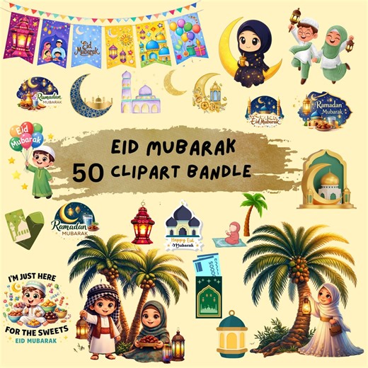 Eid Mubarak Clipart Bundle PNG Ramadan Islamic Kids Illustration Set - Etsy